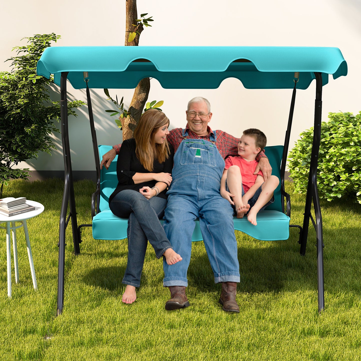 3 Seats Patio Canopy Cushioned Steel Frame Swing Glider Hammock-Blue Kids Crystal