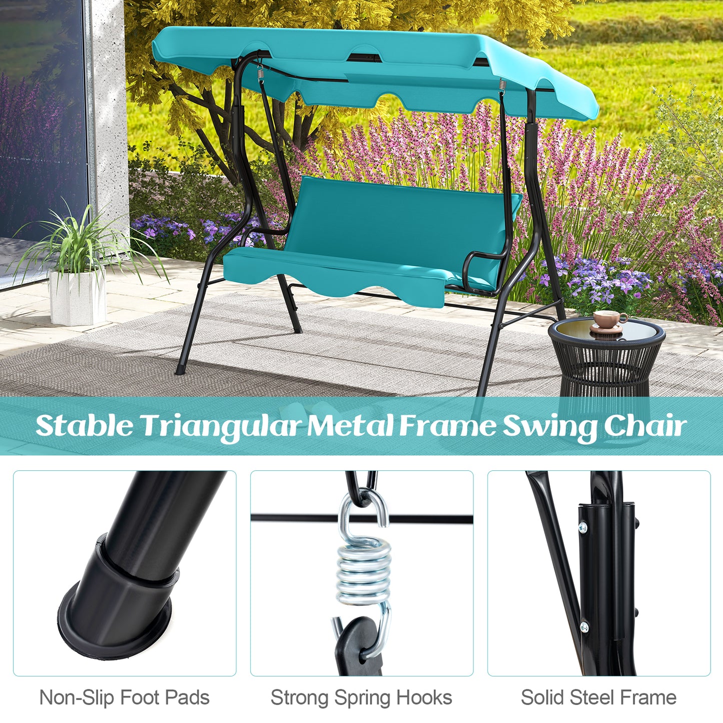 3 Seats Patio Canopy Cushioned Steel Frame Swing Glider Hammock-Blue Kids Crystal