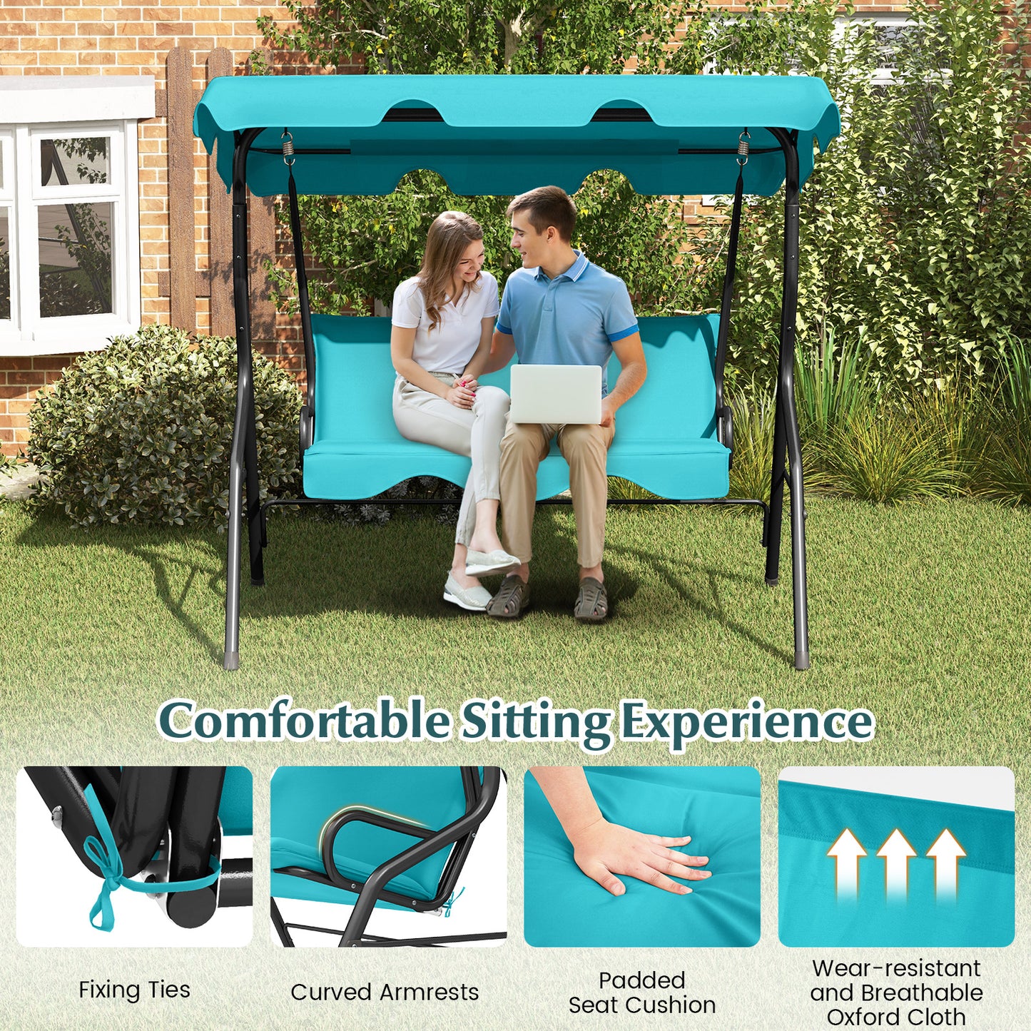 3 Seats Patio Canopy Cushioned Steel Frame Swing Glider Hammock-Blue Kids Crystal