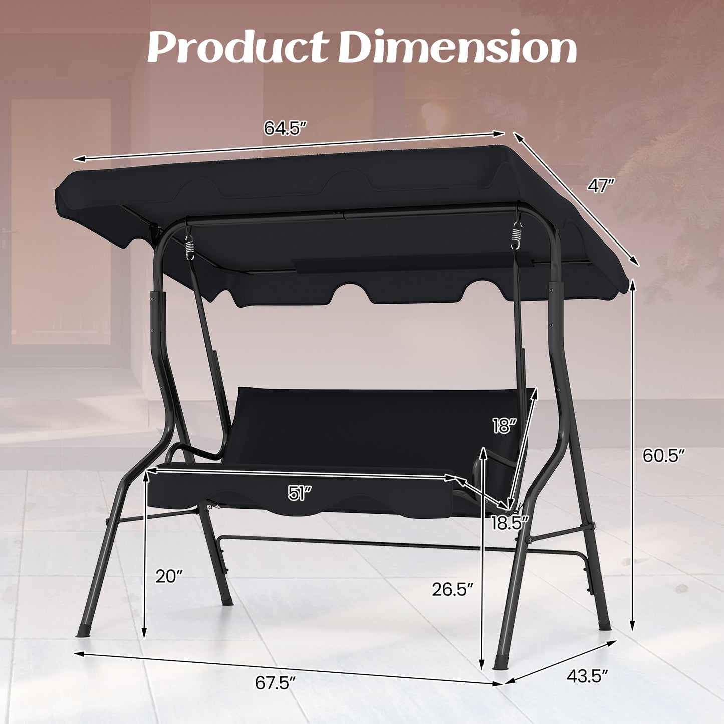 3 Seats Patio Canopy Swing-Black Kids Crystal