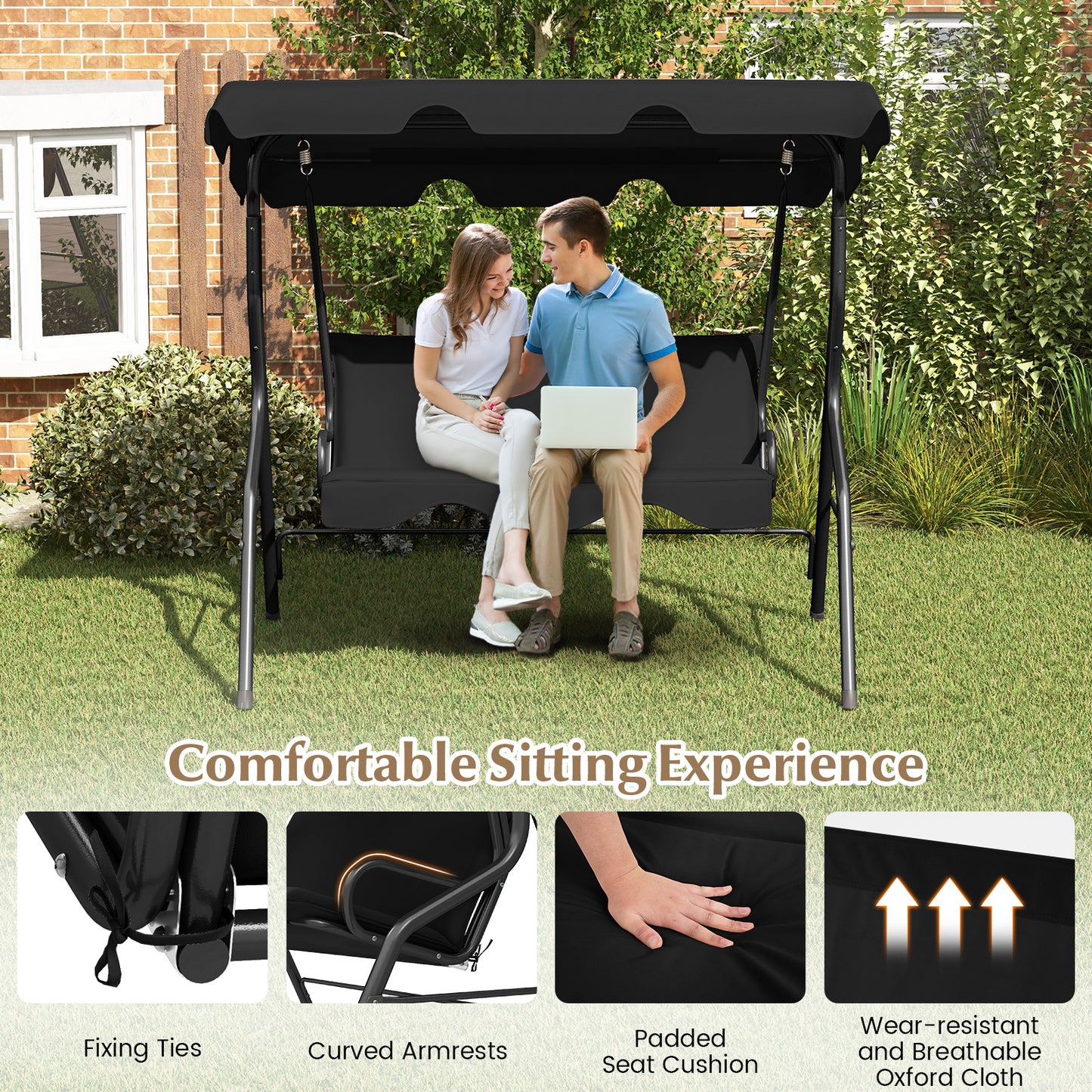 3 Seats Patio Canopy Swing-Black Kids Crystal