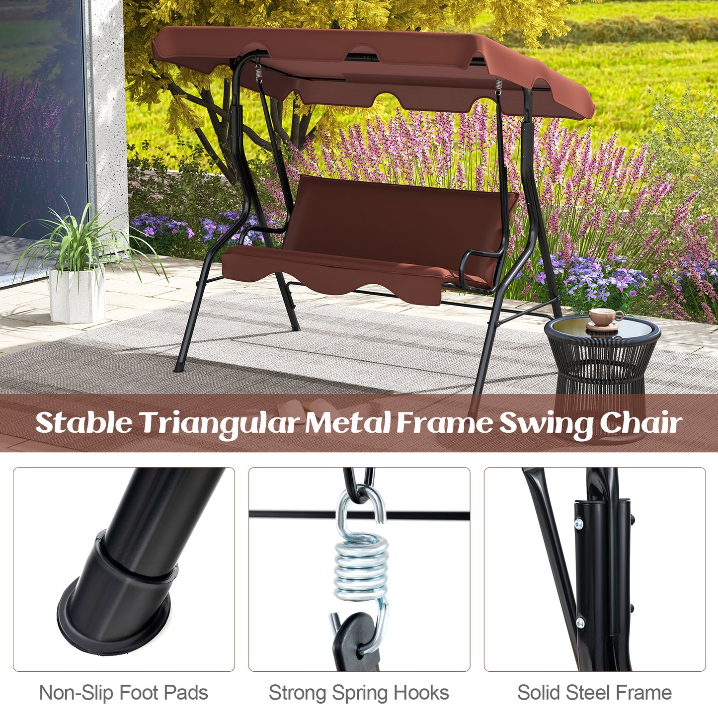 3 Seats Patio Canopy Swing-Brown Kids Crystal