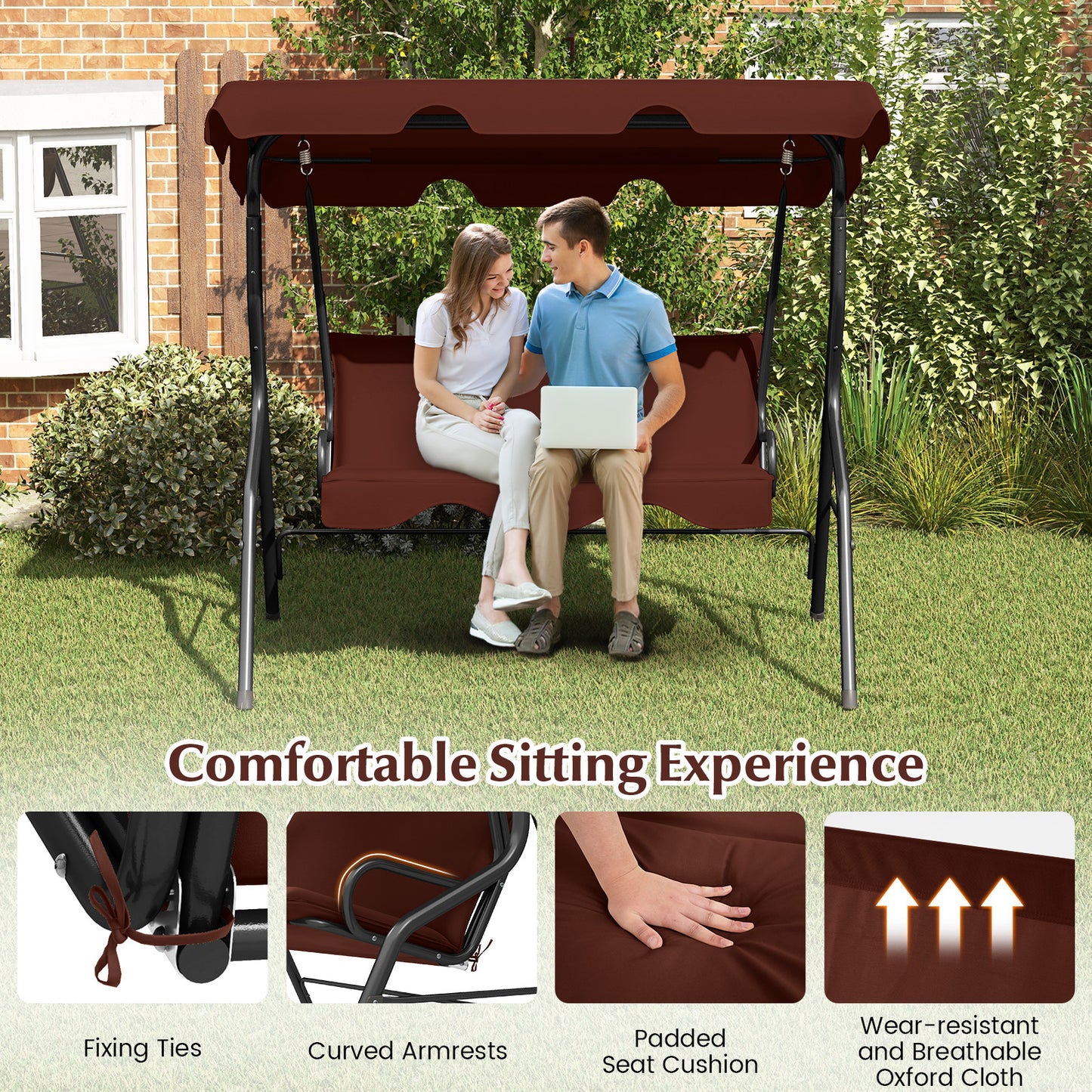 3 Seats Patio Canopy Swing-Brown Kids Crystal