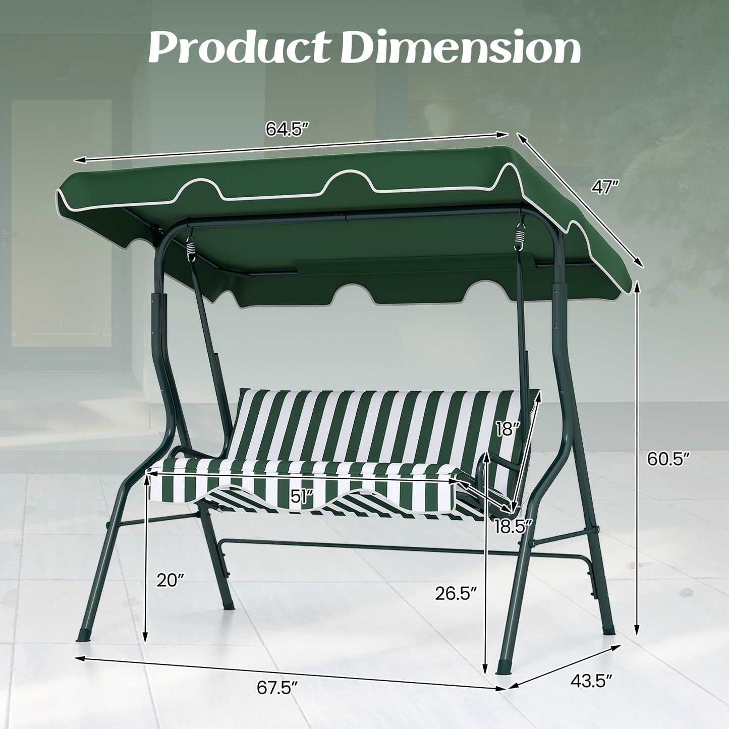 3 Seats Patio Canopy Swing-Green Kids Crystal