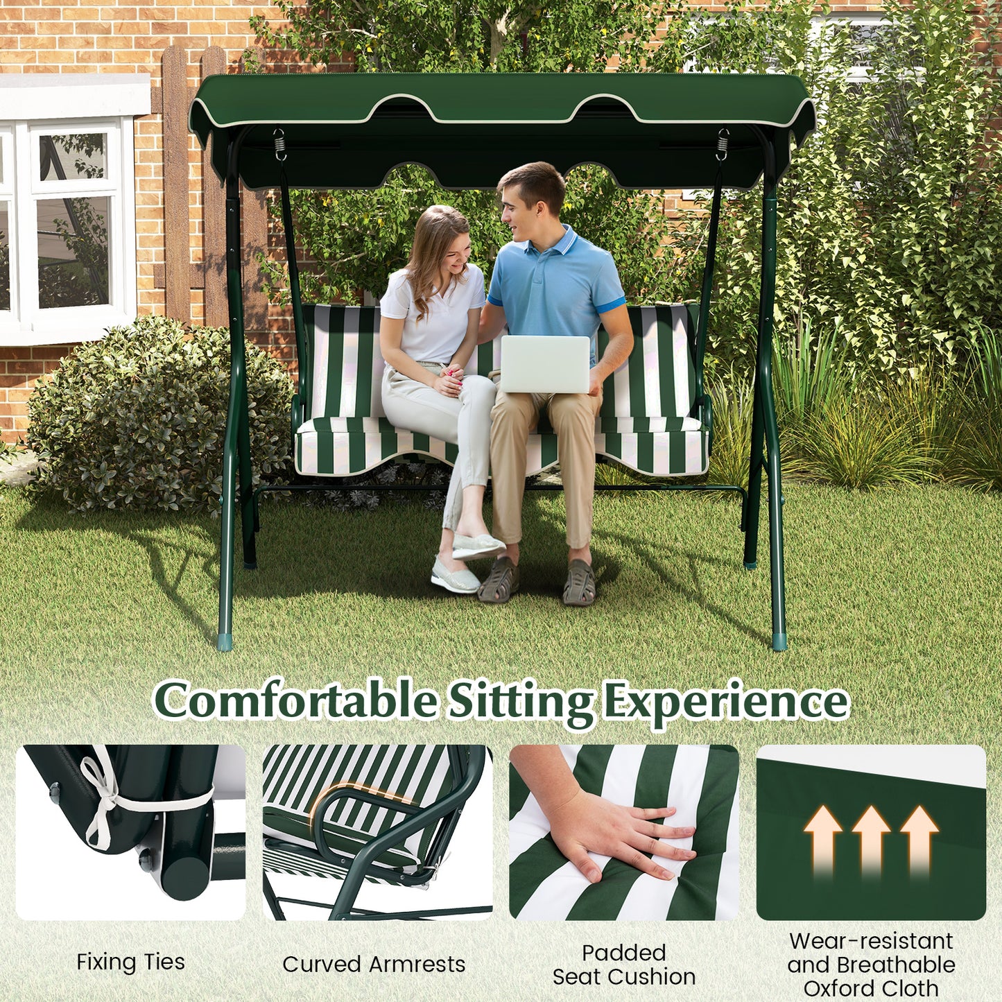 3 Seats Patio Canopy Swing-Green Kids Crystal