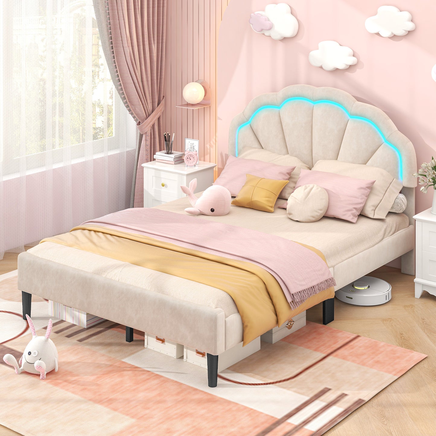 Upholstered LED Bed Frame with Adjustable Flower Headboard and Metal Support Feet-Full Size Kids Crystal
