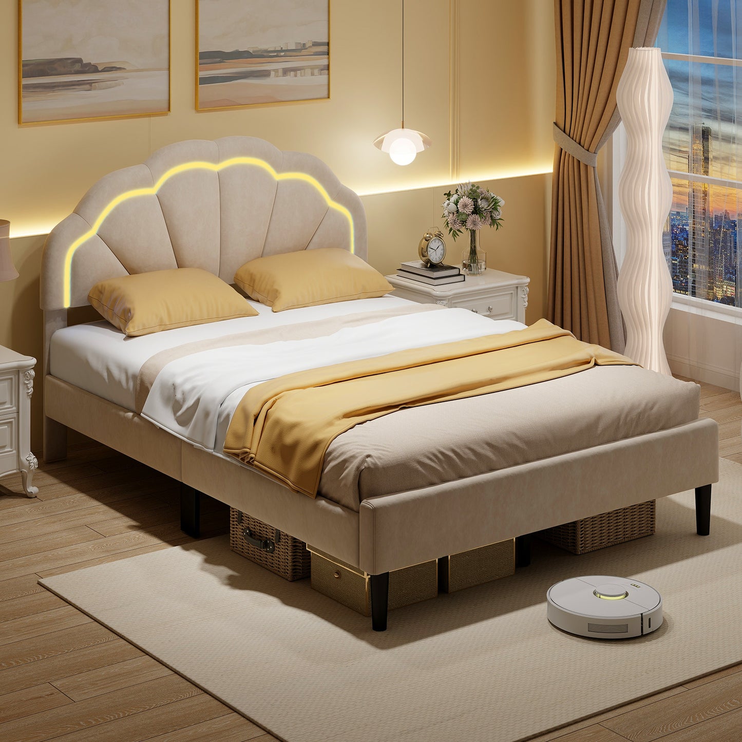 Upholstered LED Bed Frame with Adjustable Flower Headboard and Metal Support Feet-Full Size Kids Crystal