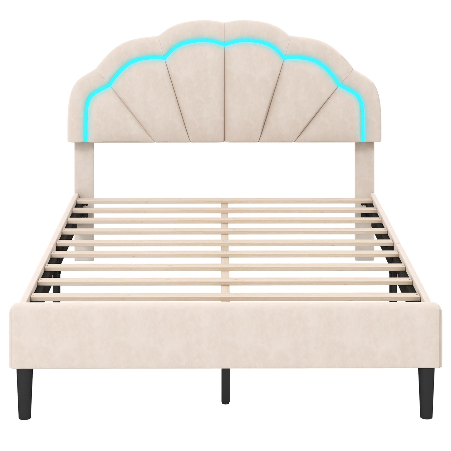 Upholstered LED Bed Frame with Adjustable Flower Headboard and Metal Support Feet-Full Size Kids Crystal