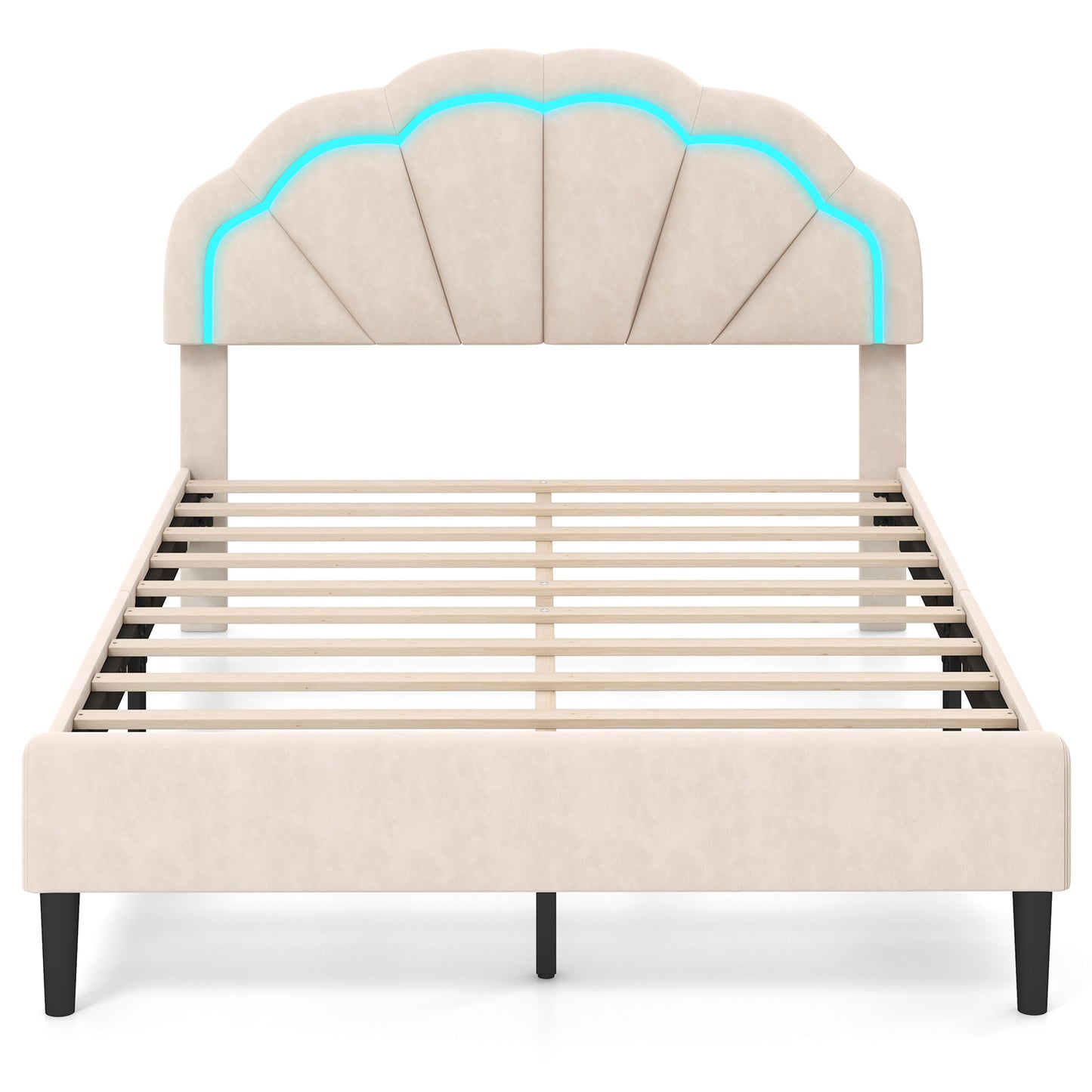 Upholstered LED Bed Frame with Adjustable Flower Headboard and Metal Support Feet-Full Size Kids Crystal