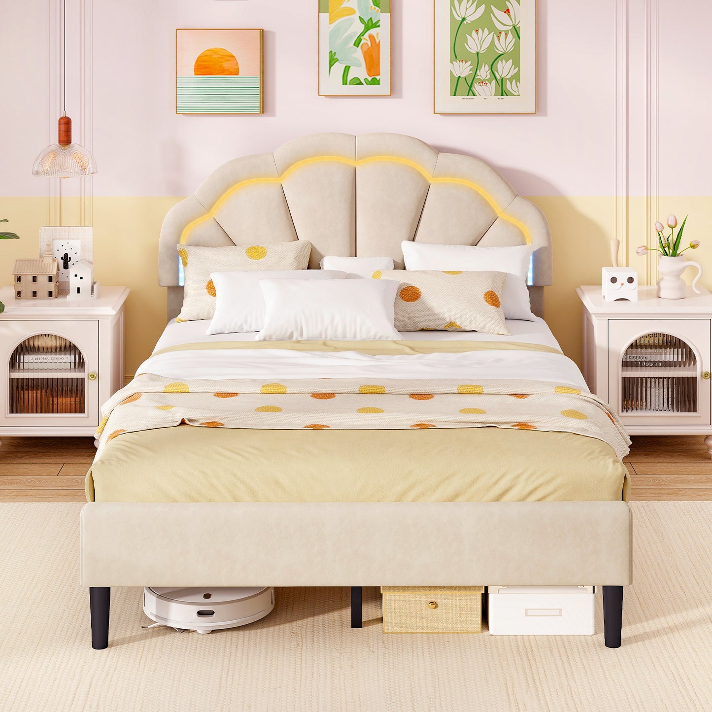 Upholstered LED Bed Frame with Adjustable Flower Headboard and Metal Support Feet-Full Size Kids Crystal