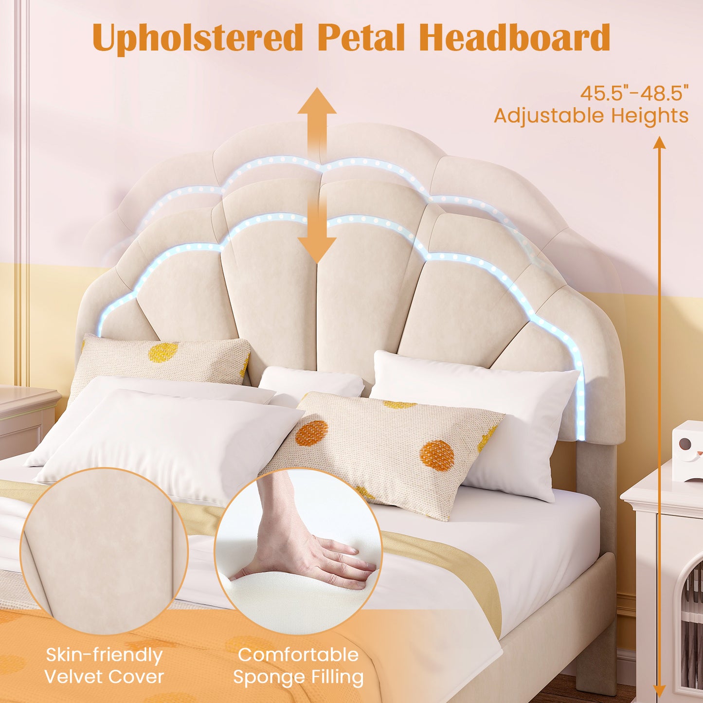 Upholstered LED Bed Frame with Adjustable Flower Headboard and Metal Support Feet-Full Size Kids Crystal