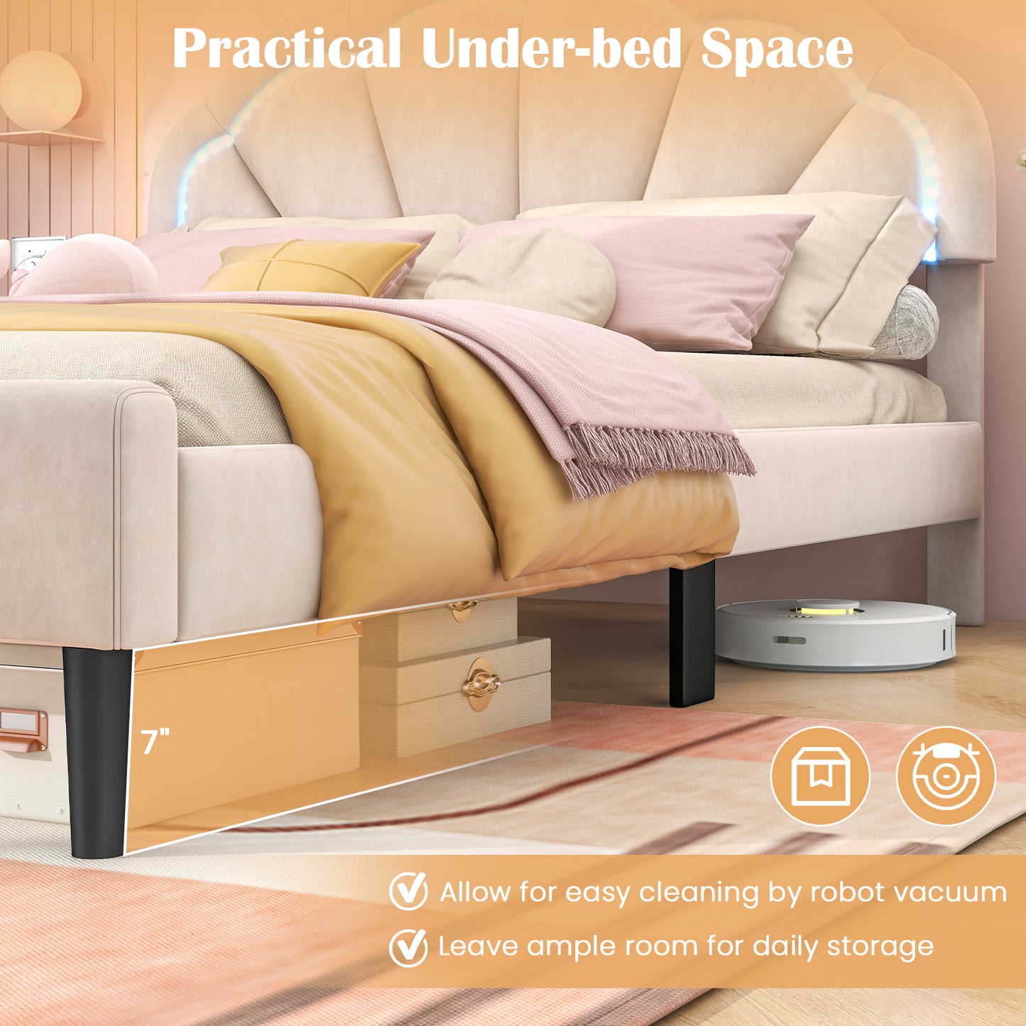 Upholstered LED Bed Frame with Adjustable Flower Headboard and Metal Support Feet-Full Size Kids Crystal