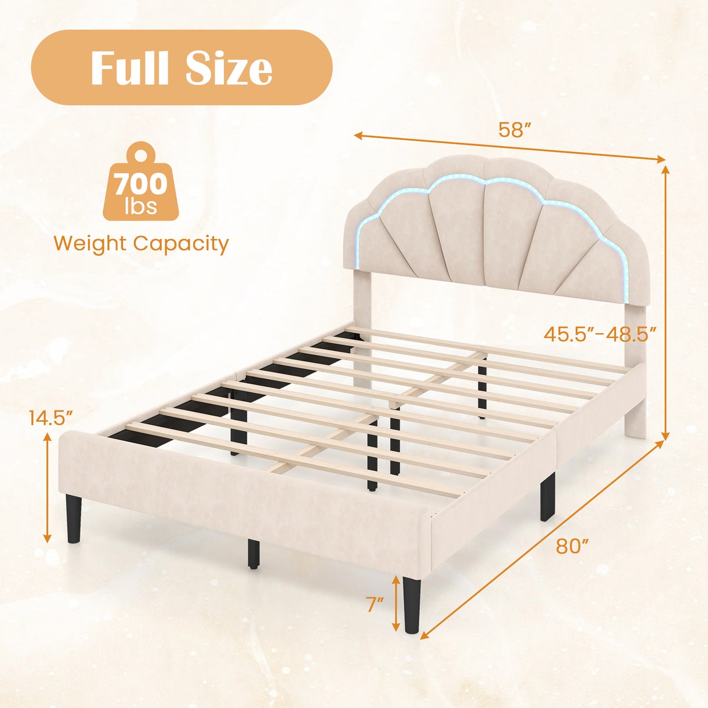 Upholstered LED Bed Frame with Adjustable Flower Headboard and Metal Support Feet-Full Size Kids Crystal