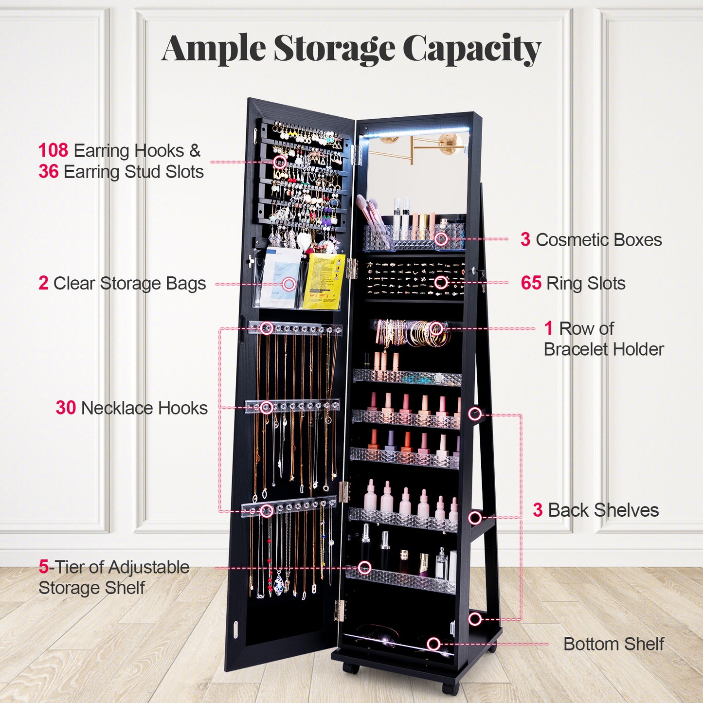 64 Inches Lockable Jewelry Cabinet Armoire with Built-in Makeup Mirror-Black Kids Crystal
