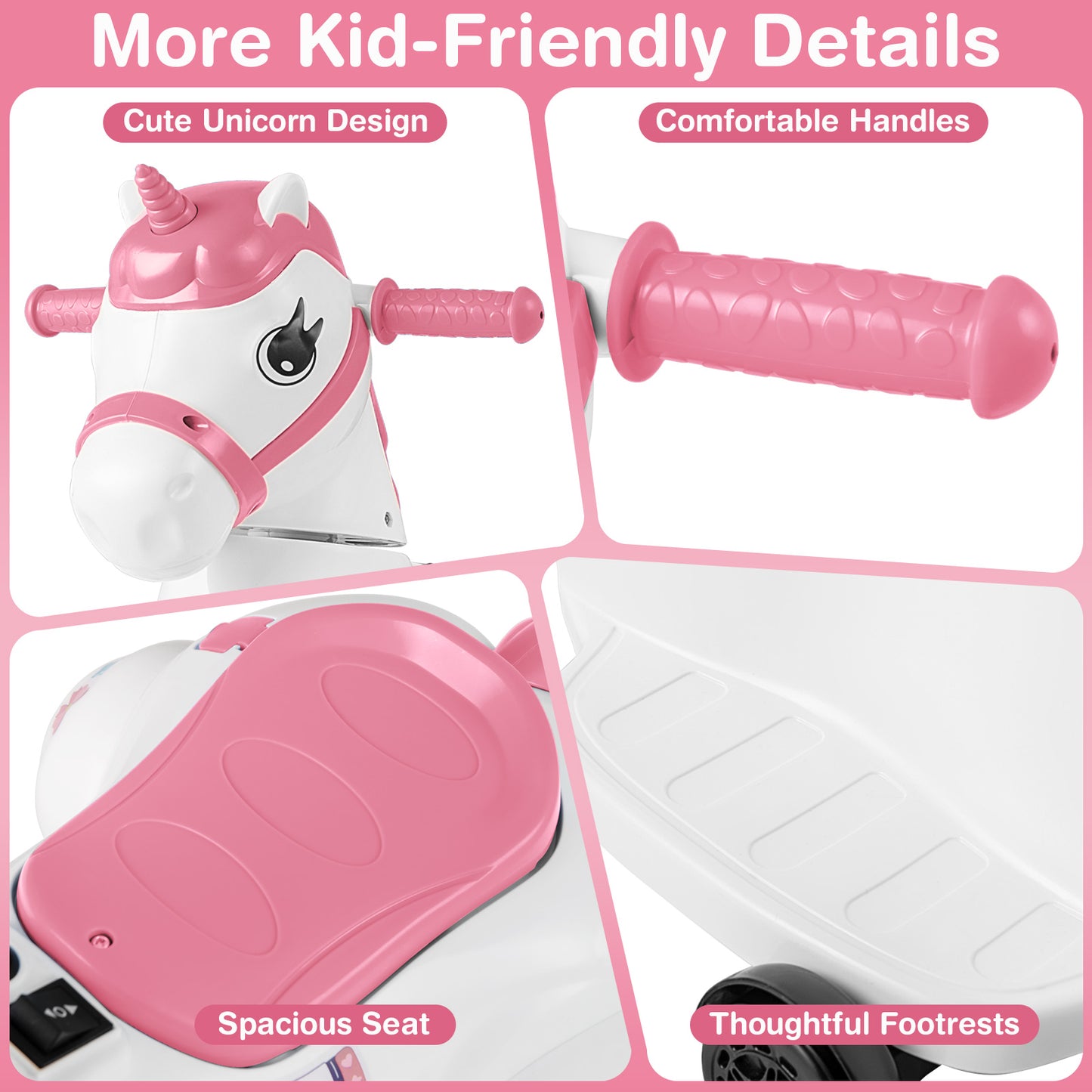 12V Unicorn Ride on Toy with Training Wheels and Horse Riding Mode-Pink Kids Crystal