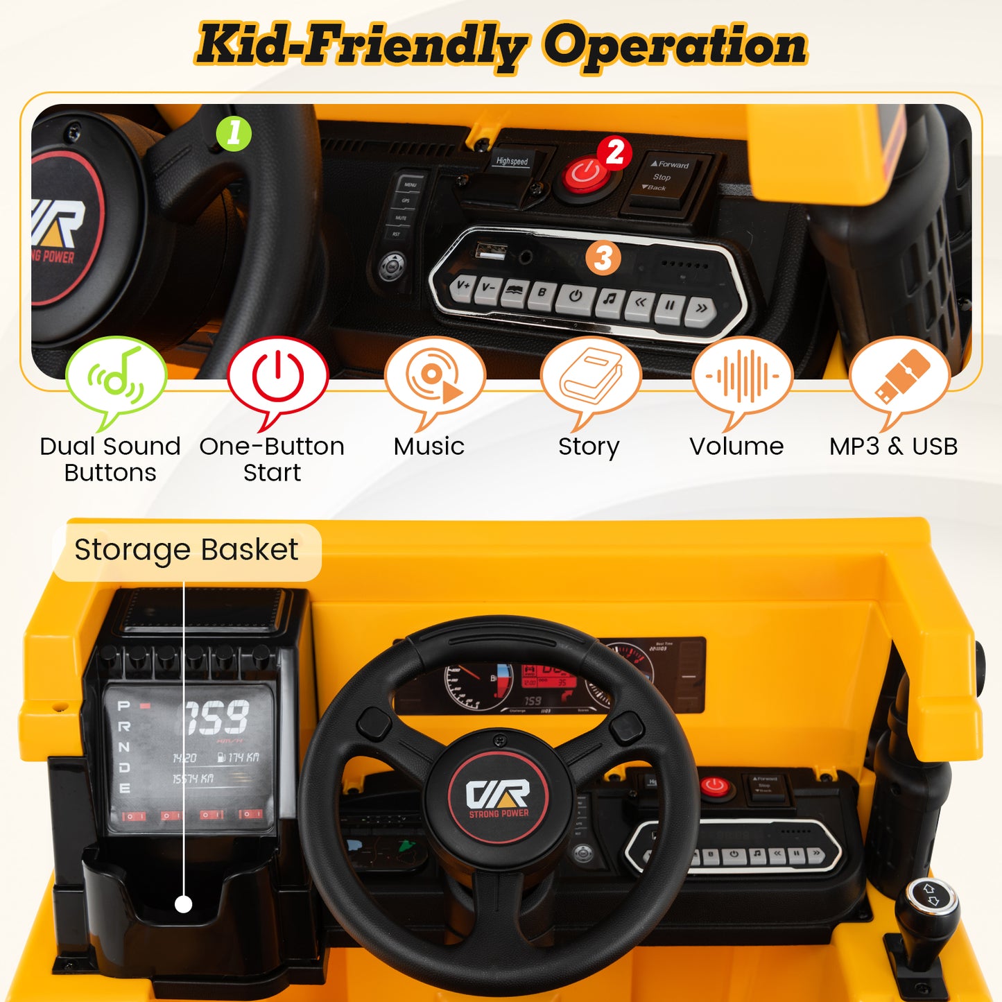 Kids Ride on Dump Truck 12V Ride on Car with Electric Dump Bed-Yellow Kids Crystal
