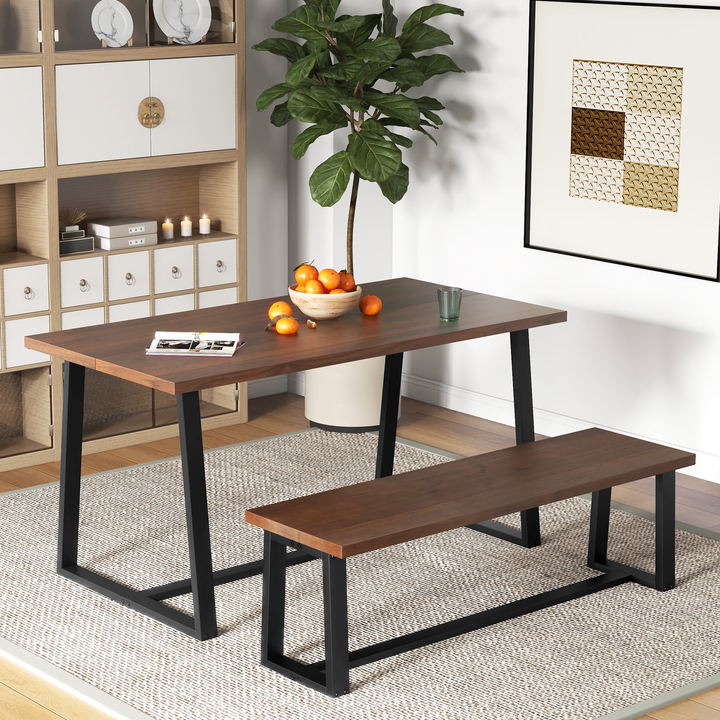 Wood Dining Bench with Metal Frame and Adjustable Footpads-Coffee Kids Crystal