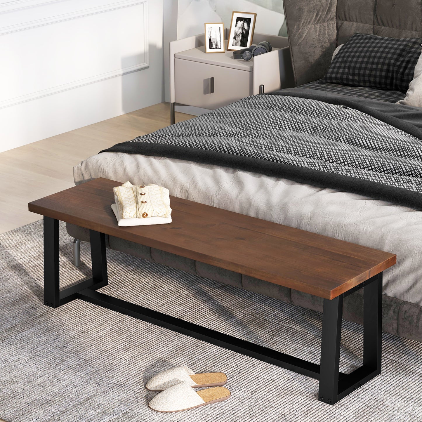 Wood Dining Bench with Metal Frame and Adjustable Footpads-Coffee Kids Crystal