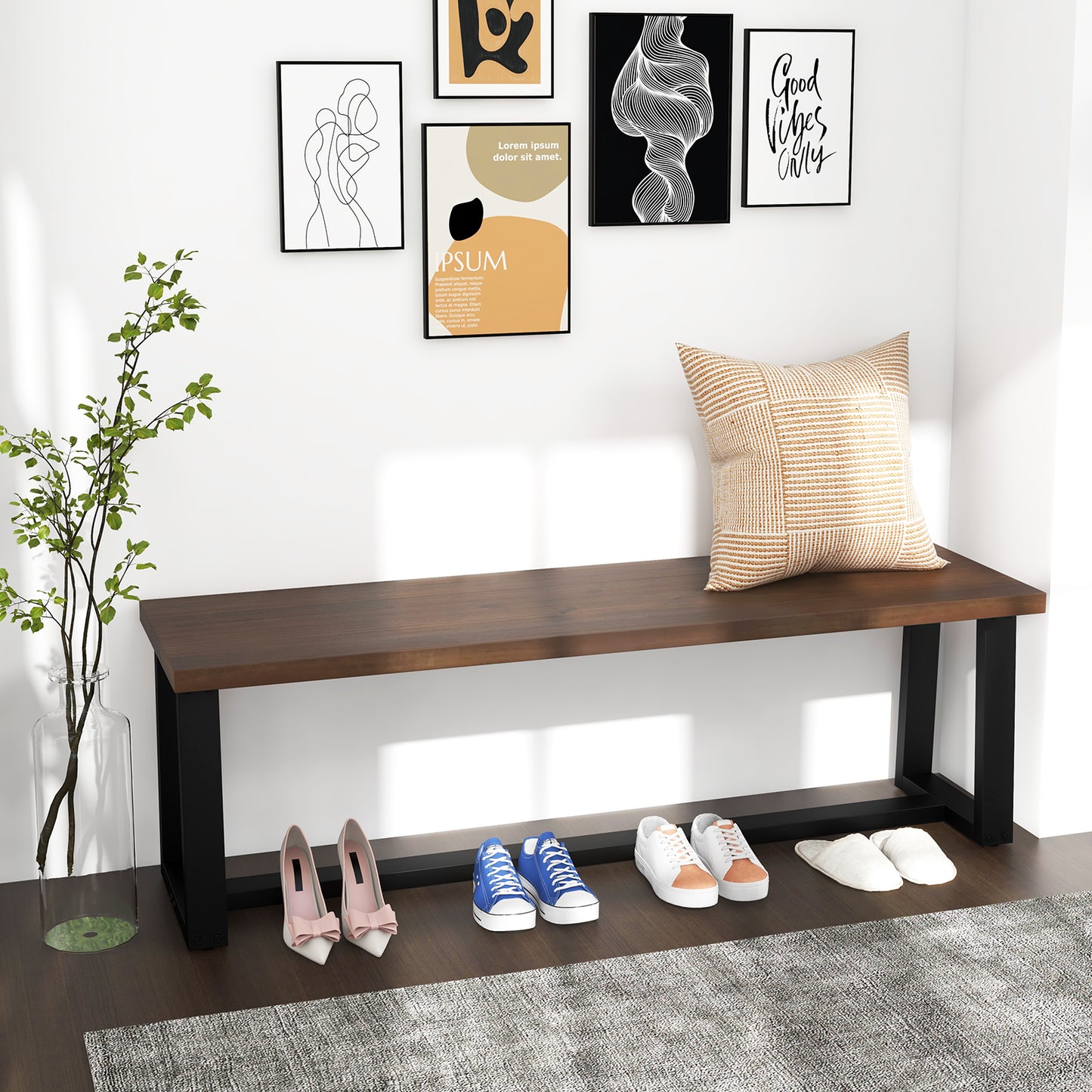 Wood Dining Bench with Metal Frame and Adjustable Footpads-Coffee Kids Crystal