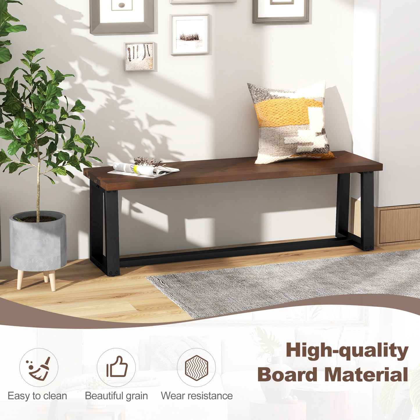 Wood Dining Bench with Metal Frame and Adjustable Footpads-Coffee Kids Crystal