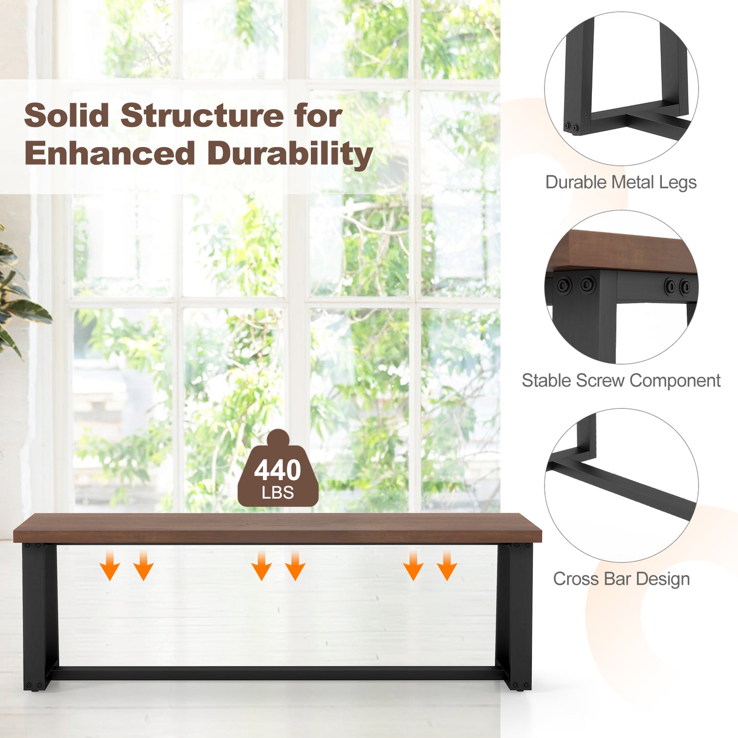 Wood Dining Bench with Metal Frame and Adjustable Footpads-Coffee Kids Crystal