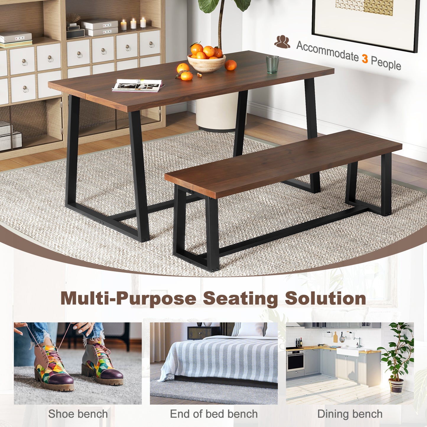 Wood Dining Bench with Metal Frame and Adjustable Footpads-Coffee Kids Crystal