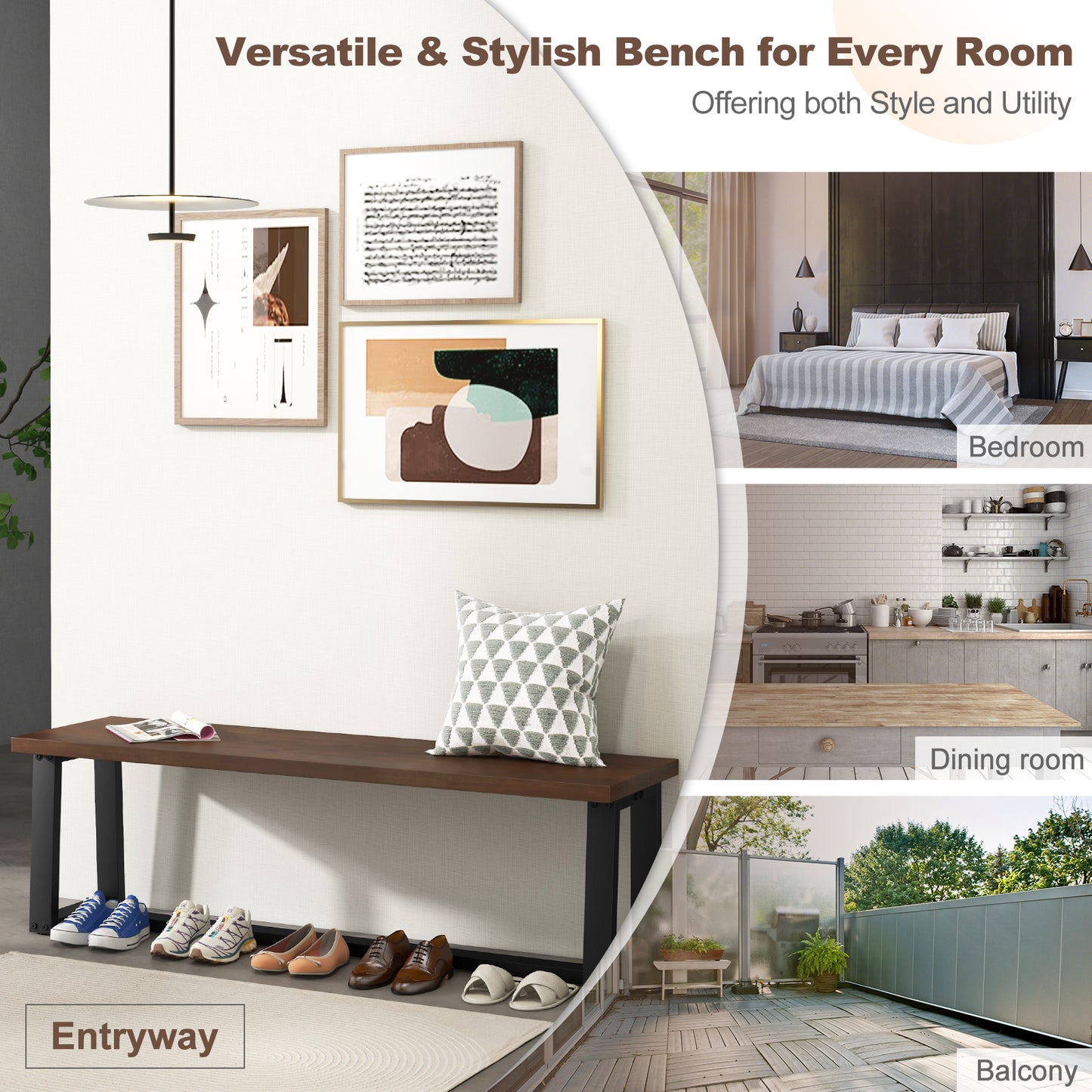 Wood Dining Bench with Metal Frame and Adjustable Footpads-Coffee Kids Crystal