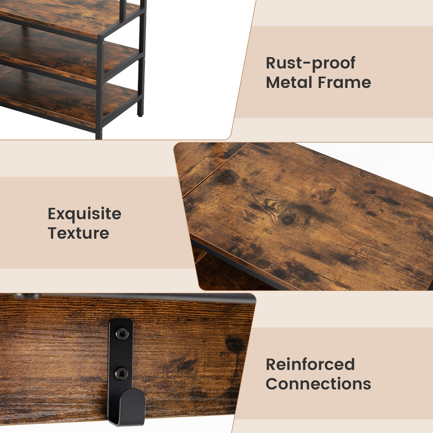 Corner Garment Rack with Open Shelves and 7 Hooks Shoe Bench-Rustic Brown Kids Crystal