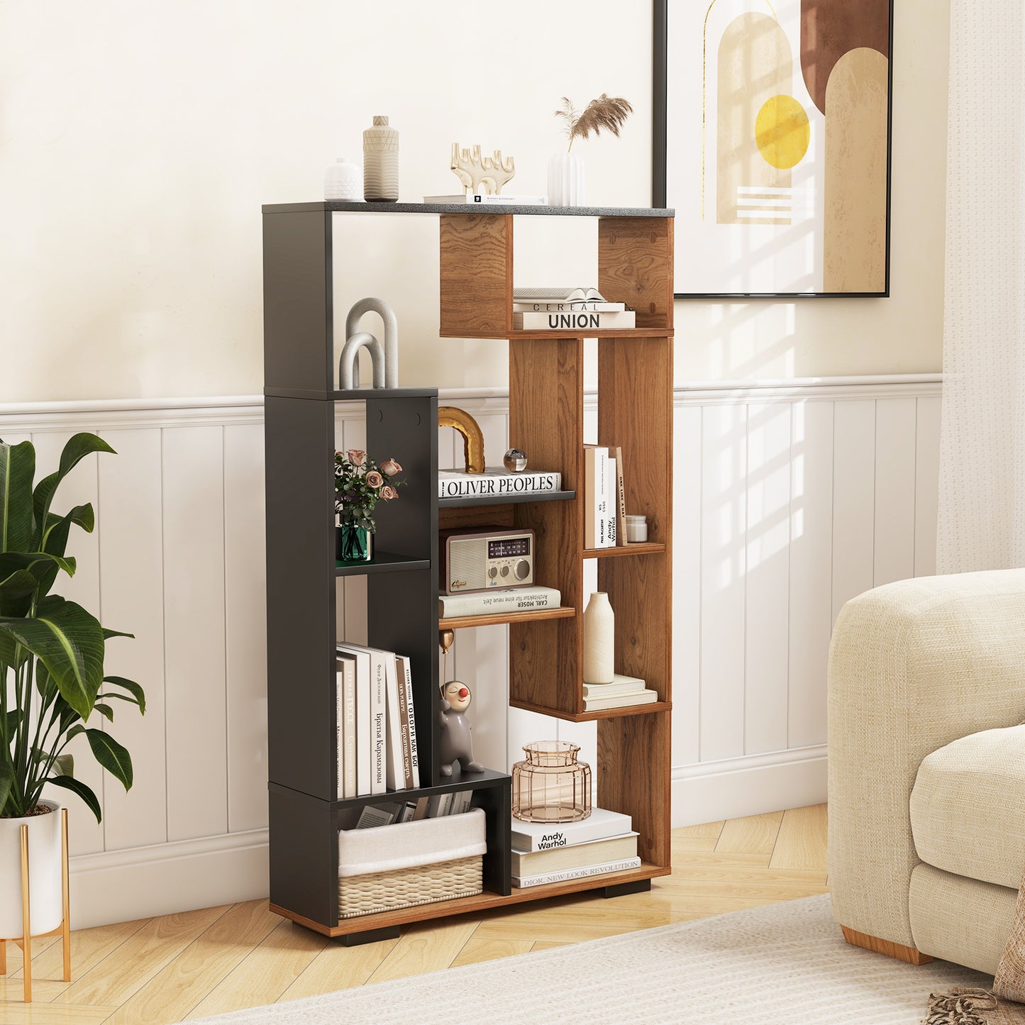 47-Inch Tall Bookshelf for Home Office Living Room-Natural & Black Kids Crystal