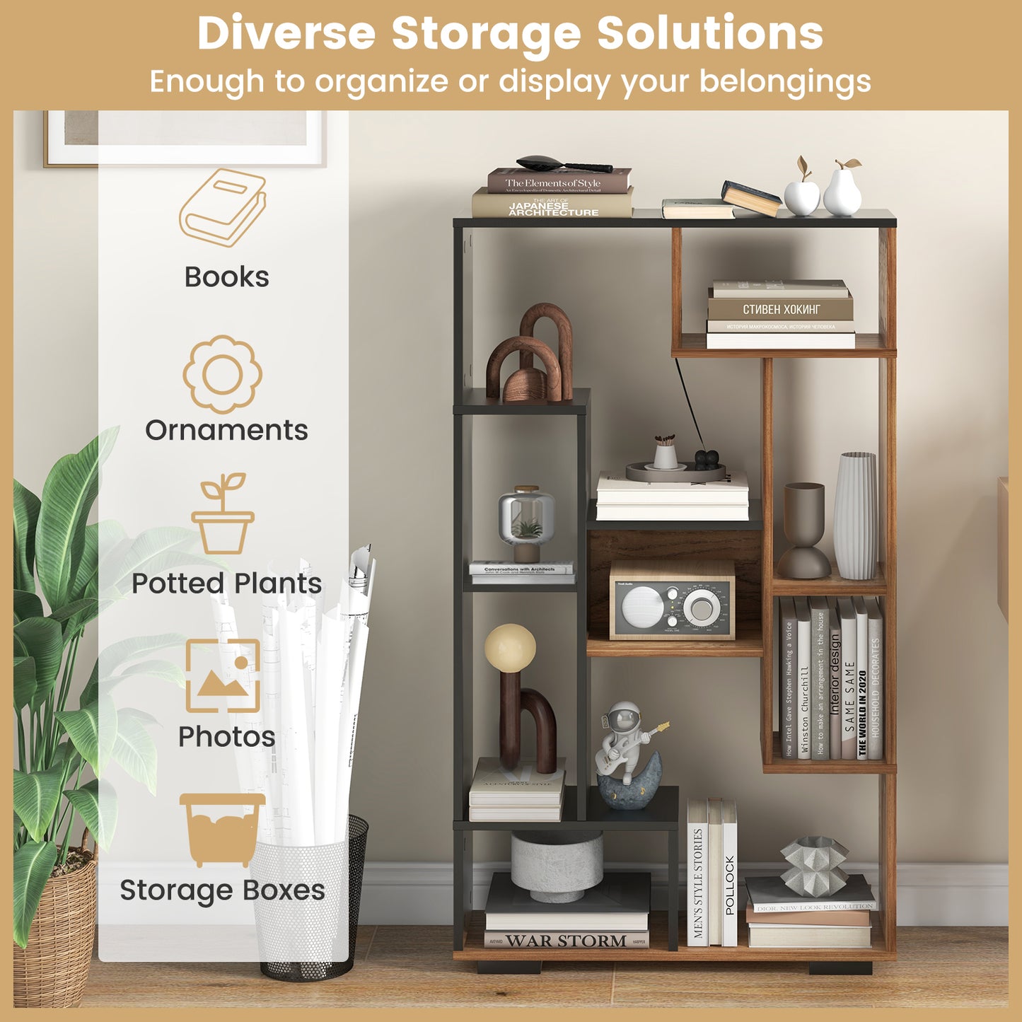 47-Inch Tall Bookshelf for Home Office Living Room-Natural & Black Kids Crystal