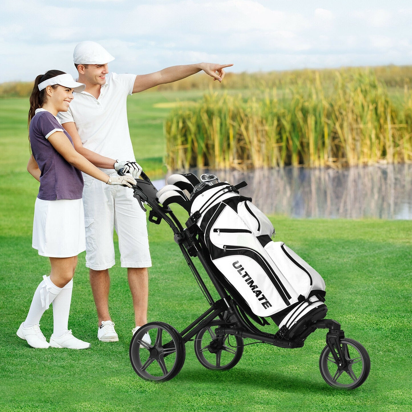 Folding Golf Push Cart with Scoreboard Adjustable Handle Swivel Wheel-Gray Kids Crystal