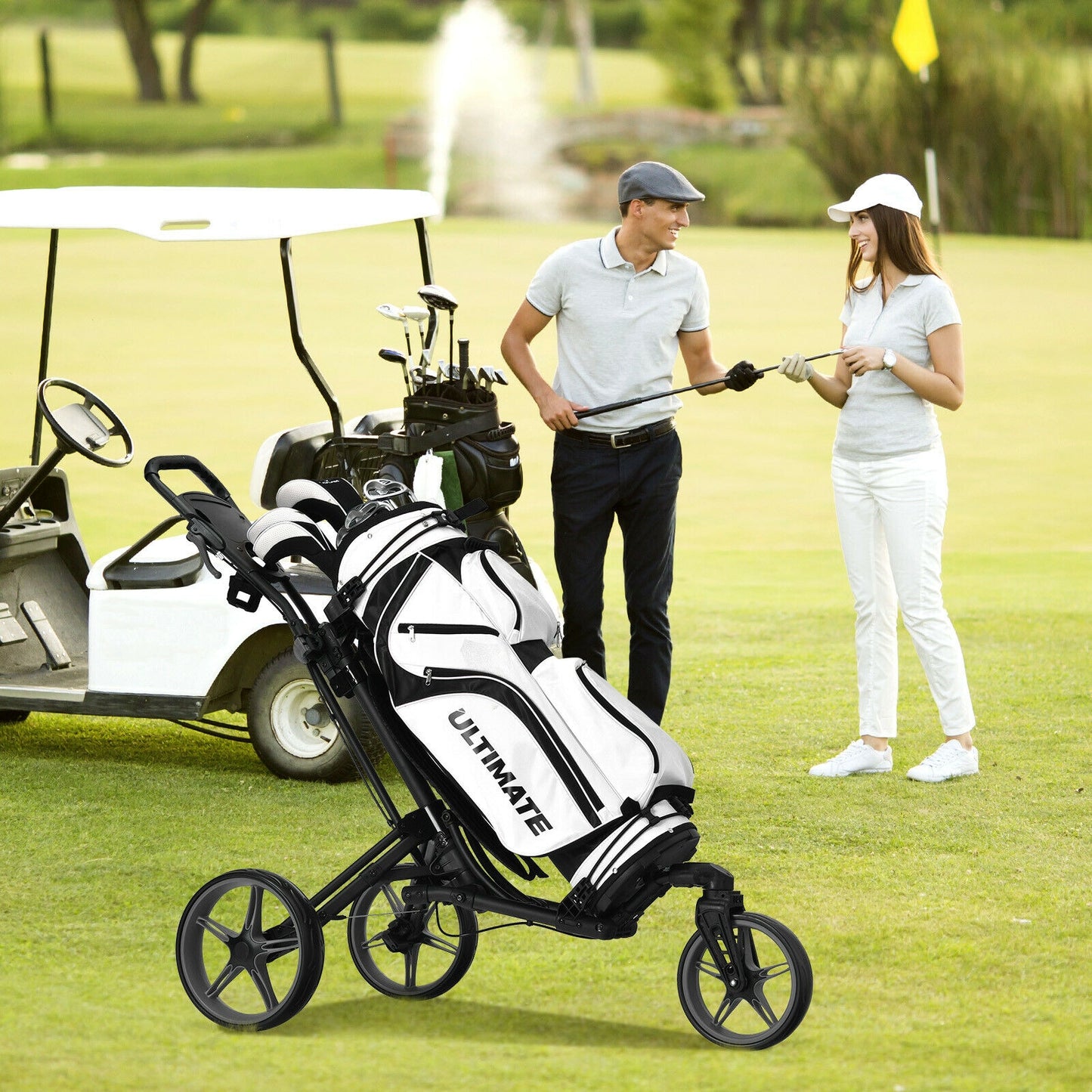 Folding Golf Push Cart with Scoreboard Adjustable Handle Swivel Wheel-Gray Kids Crystal