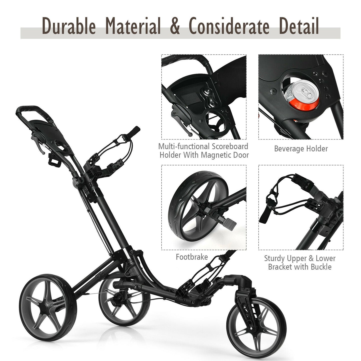 Folding Golf Push Cart with Scoreboard Adjustable Handle Swivel Wheel-Gray Kids Crystal
