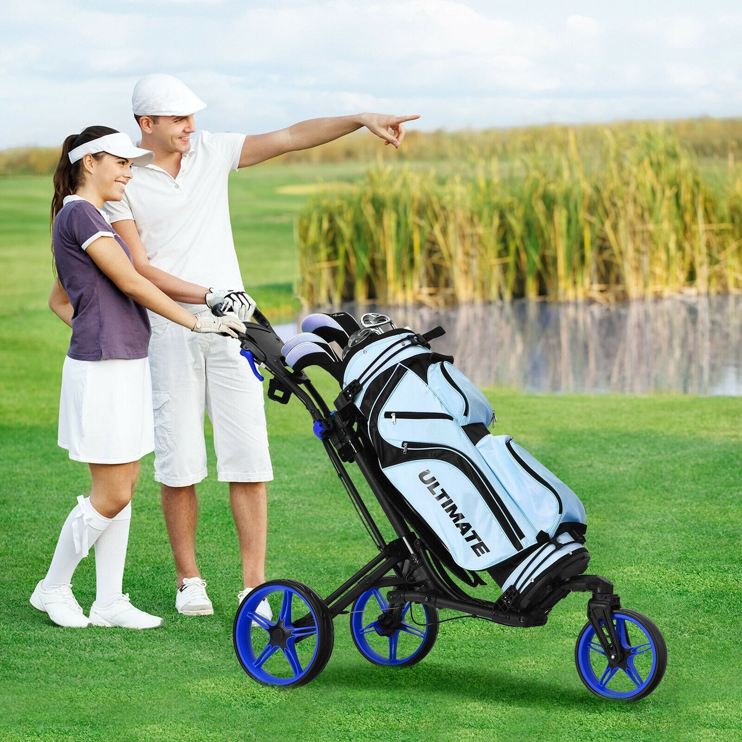 Folding Golf Push Cart with Scoreboard Adjustable Handle Swivel Wheel-Blue Kids Crystal