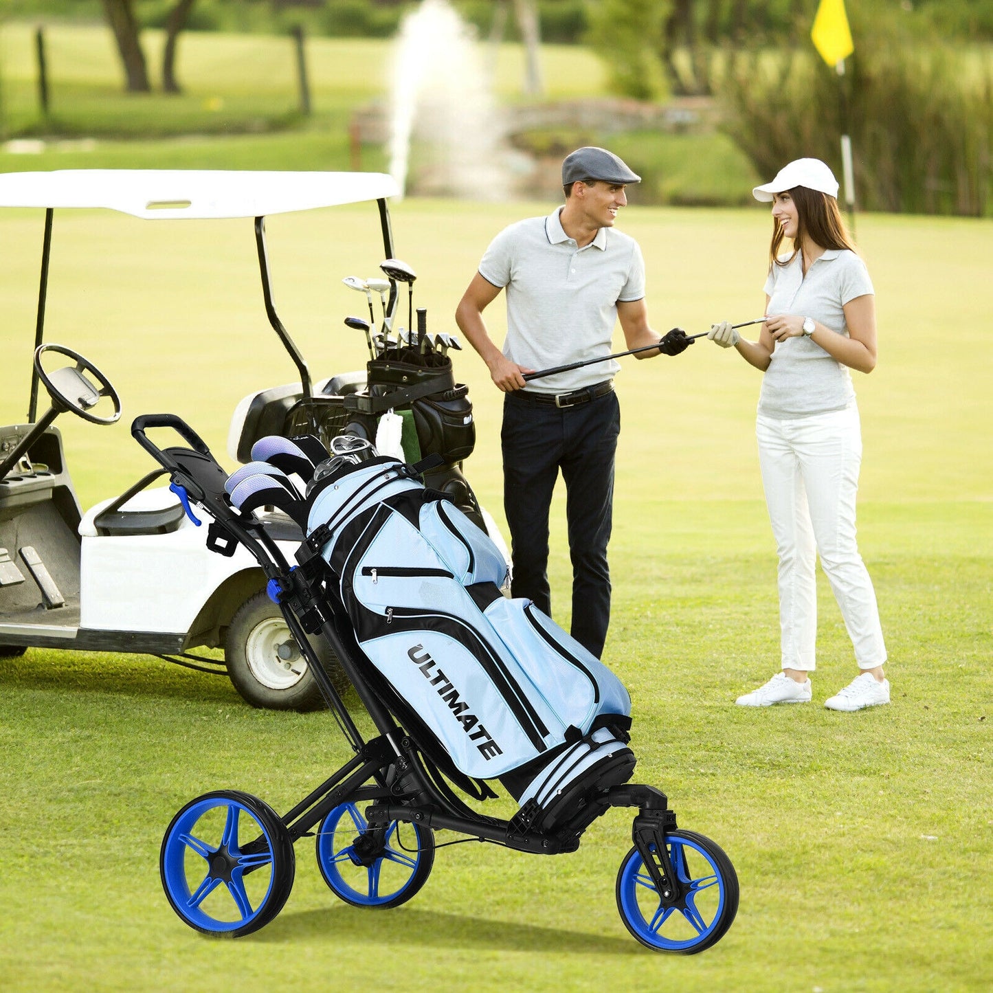 Folding Golf Push Cart with Scoreboard Adjustable Handle Swivel Wheel-Blue Kids Crystal