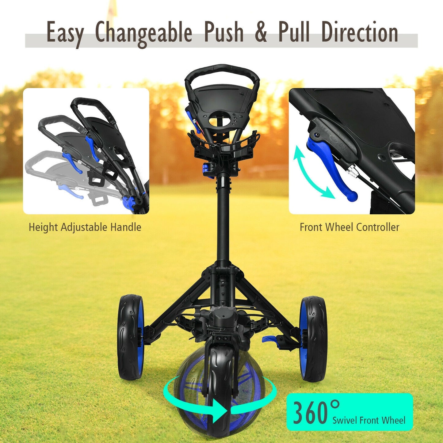 Folding Golf Push Cart with Scoreboard Adjustable Handle Swivel Wheel-Blue Kids Crystal