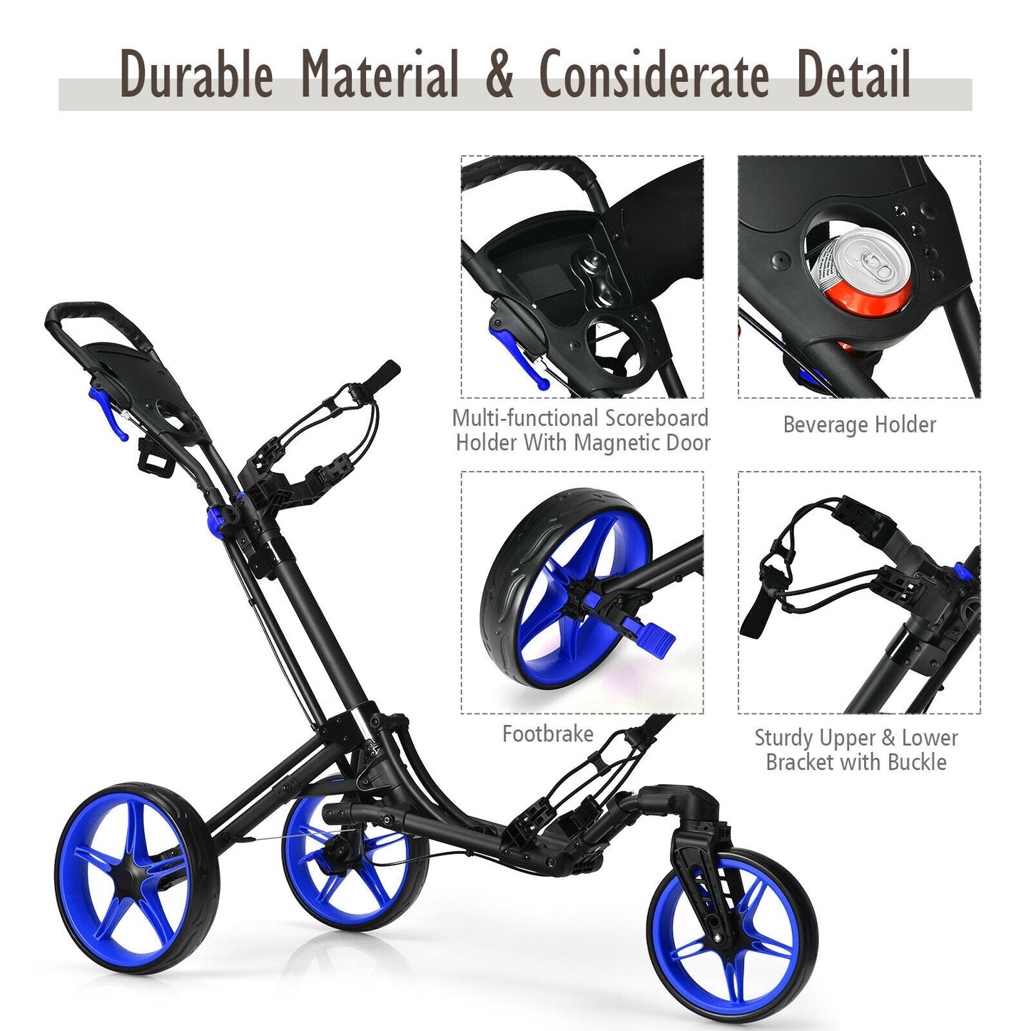 Folding Golf Push Cart with Scoreboard Adjustable Handle Swivel Wheel-Blue Kids Crystal
