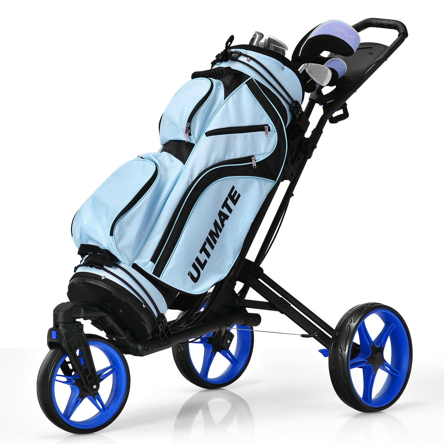 Folding Golf Push Cart with Scoreboard Adjustable Handle Swivel Wheel-Blue Kids Crystal