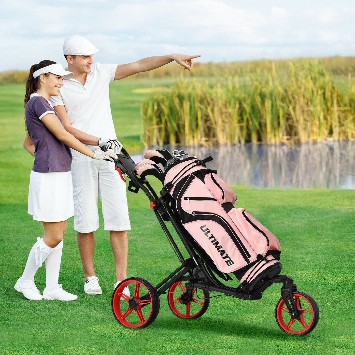 Folding Golf Push Cart with Scoreboard Adjustable Handle Swivel Wheel-Red Kids Crystal