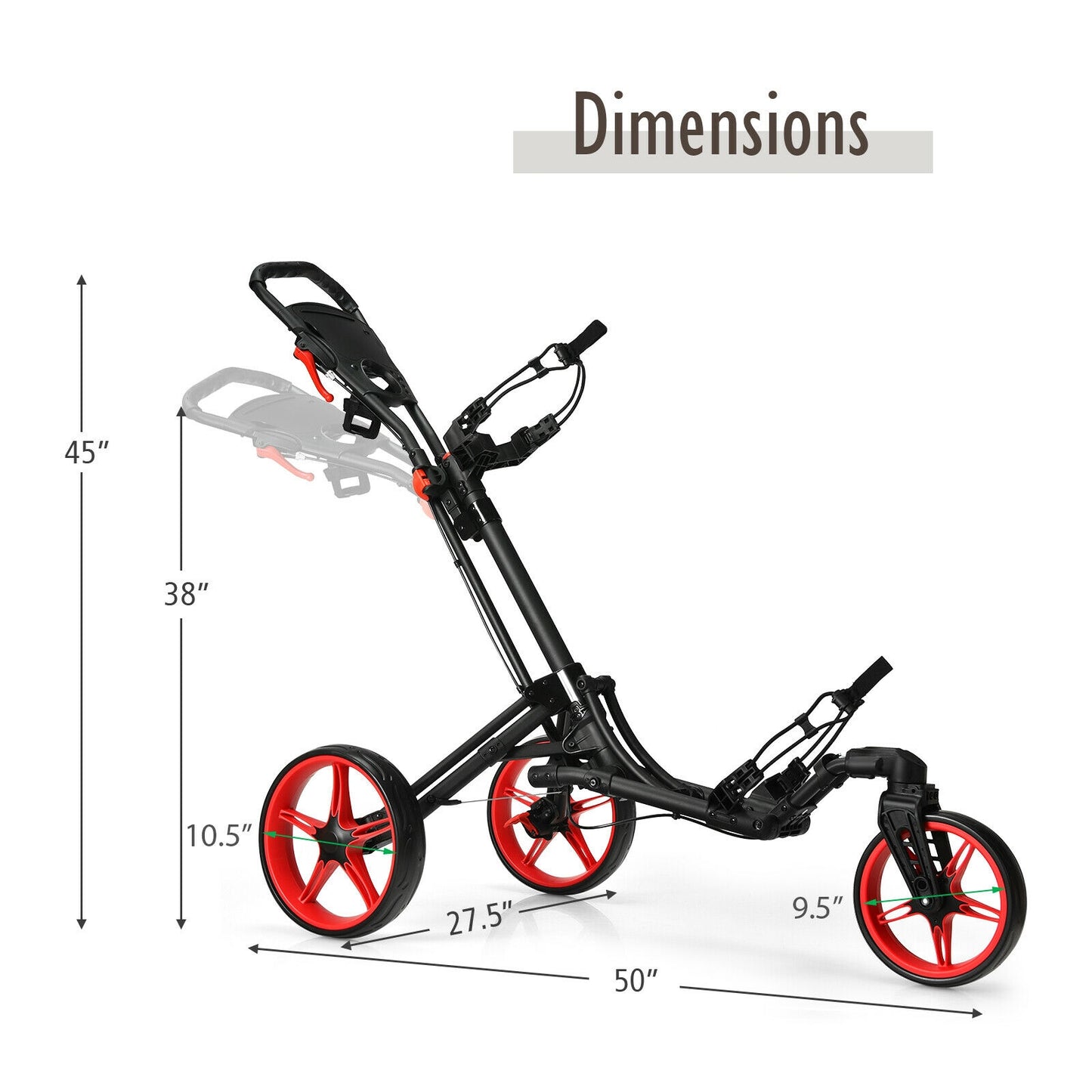 Folding Golf Push Cart with Scoreboard Adjustable Handle Swivel Wheel-Red Kids Crystal