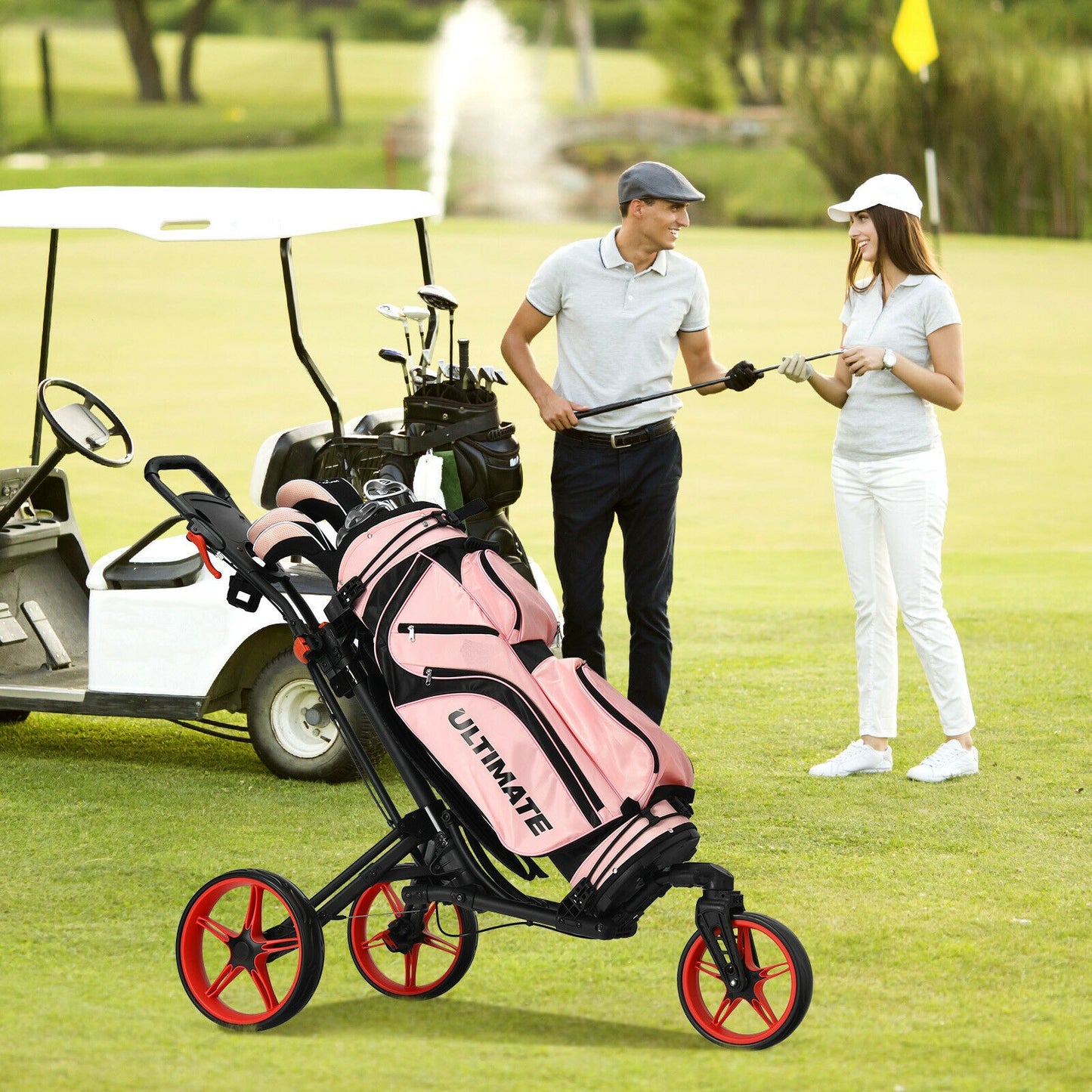Folding Golf Push Cart with Scoreboard Adjustable Handle Swivel Wheel-Red Kids Crystal