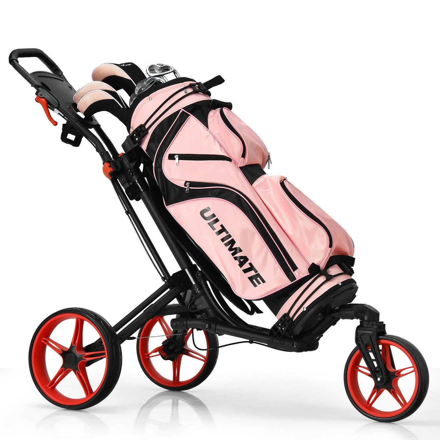 Folding Golf Push Cart with Scoreboard Adjustable Handle Swivel Wheel-Red Kids Crystal