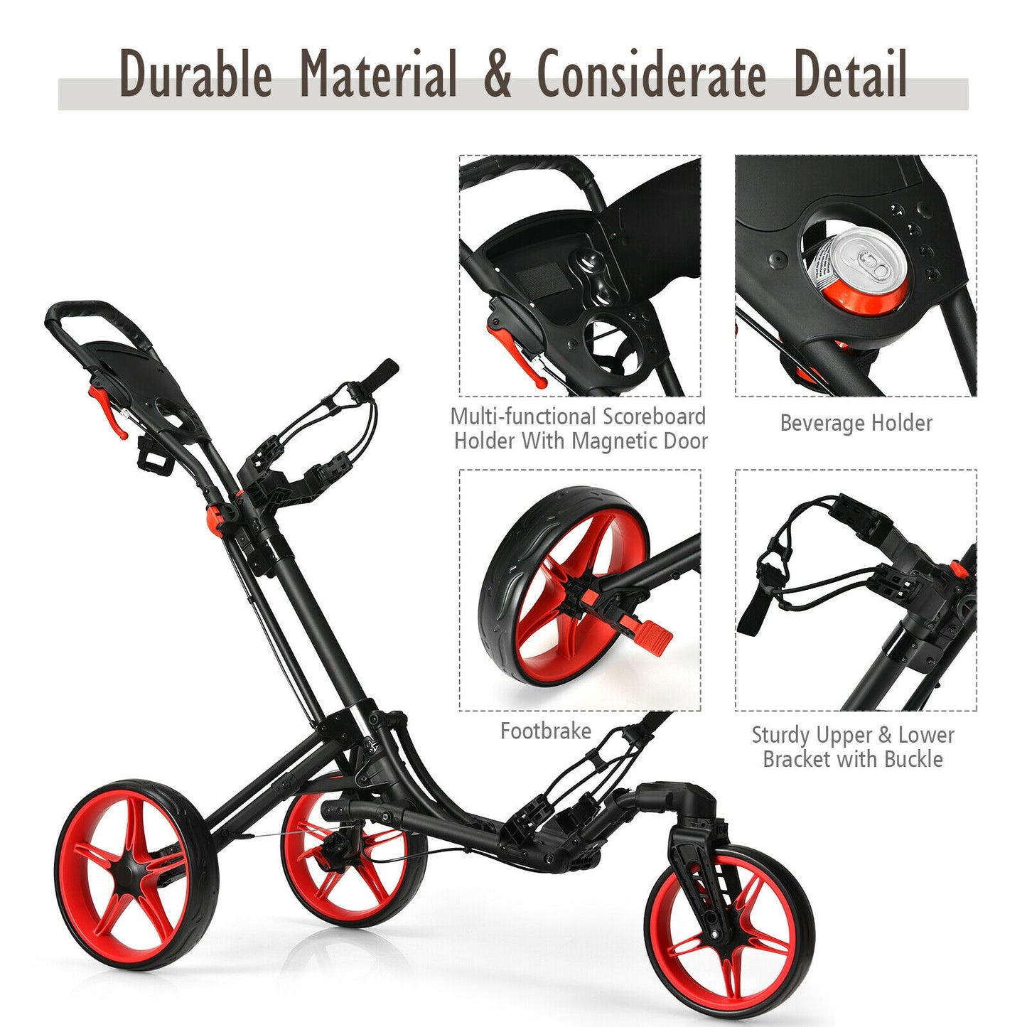 Folding Golf Push Cart with Scoreboard Adjustable Handle Swivel Wheel-Red Kids Crystal