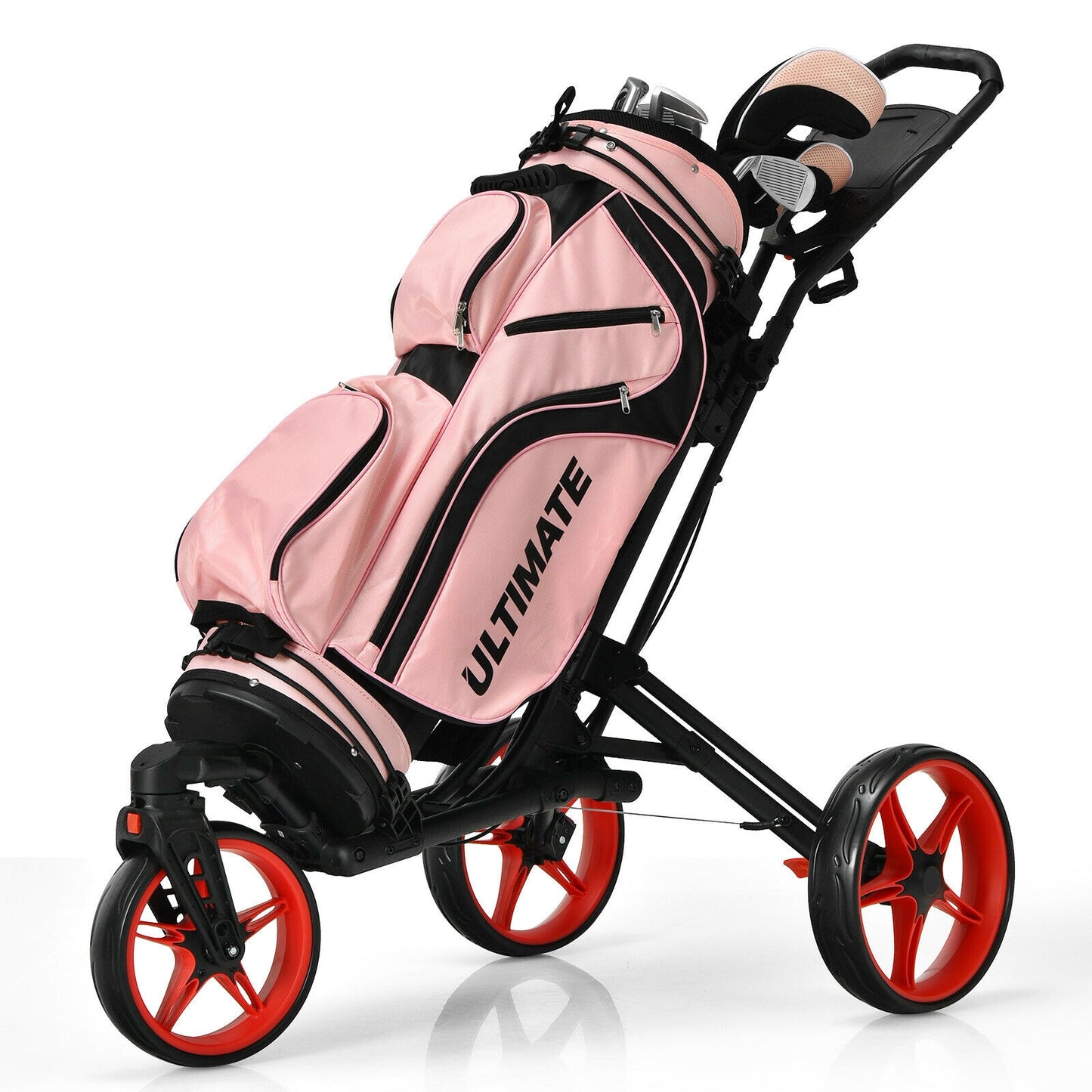 Folding Golf Push Cart with Scoreboard Adjustable Handle Swivel Wheel-Red Kids Crystal