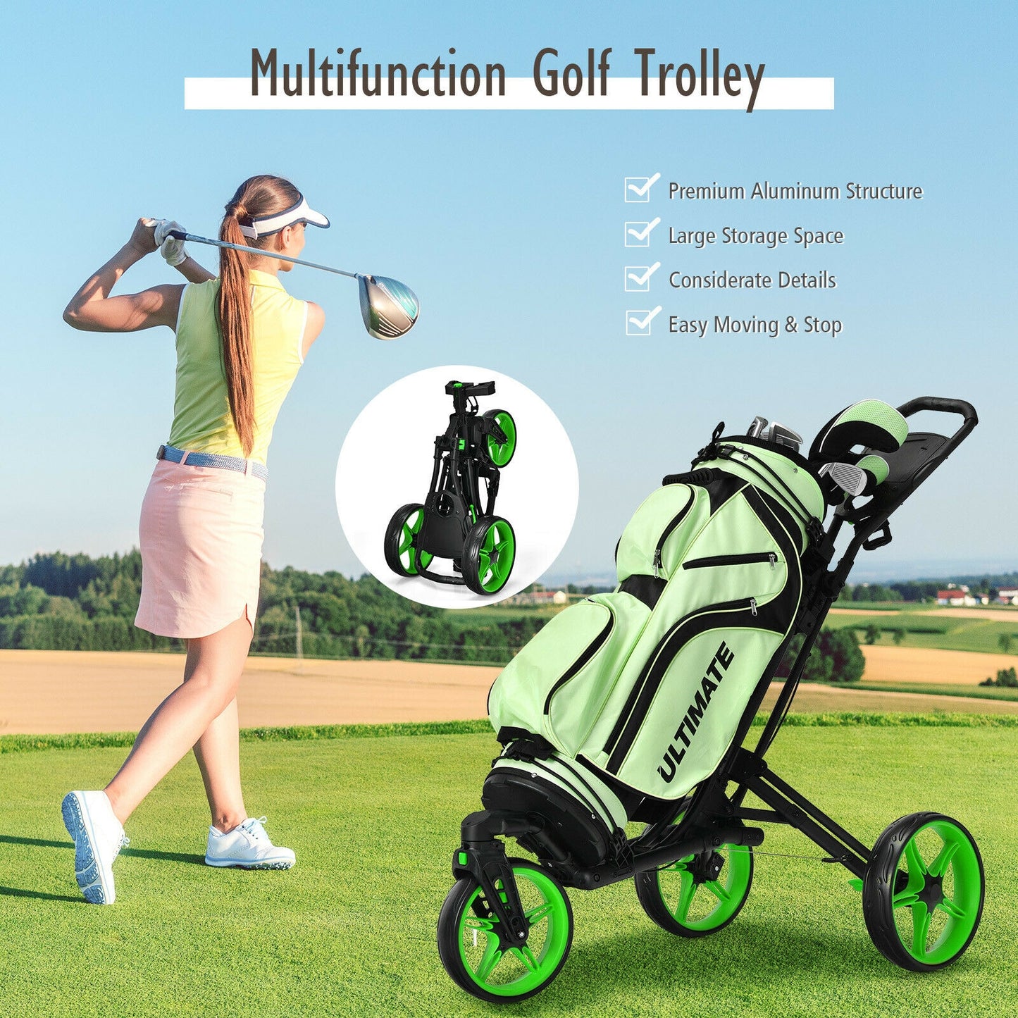 Folding Golf Push Cart with Scoreboard Adjustable Handle Swivel Wheel-Green Kids Crystal
