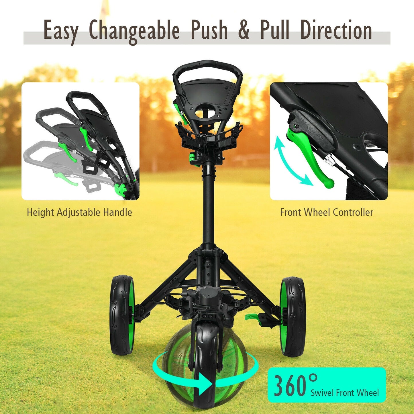 Folding Golf Push Cart with Scoreboard Adjustable Handle Swivel Wheel-Green Kids Crystal