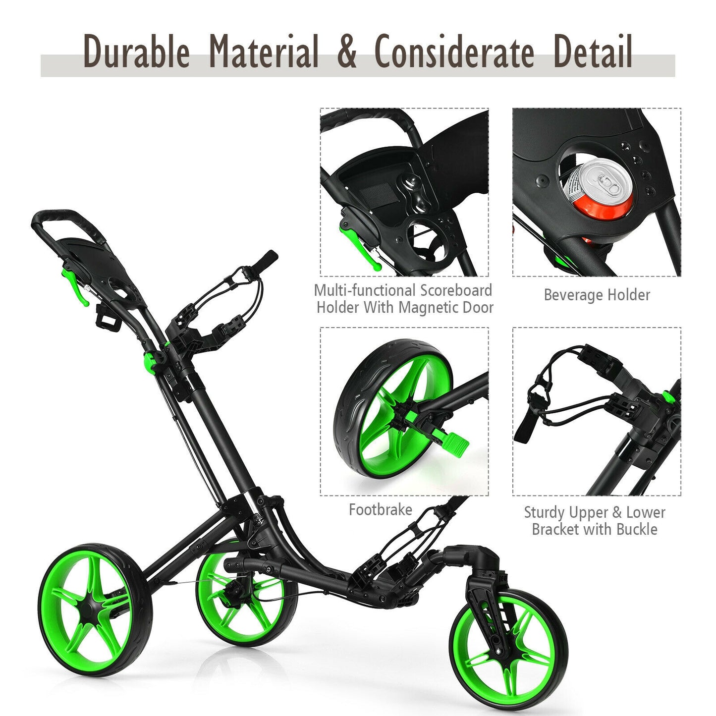 Folding Golf Push Cart with Scoreboard Adjustable Handle Swivel Wheel-Green Kids Crystal