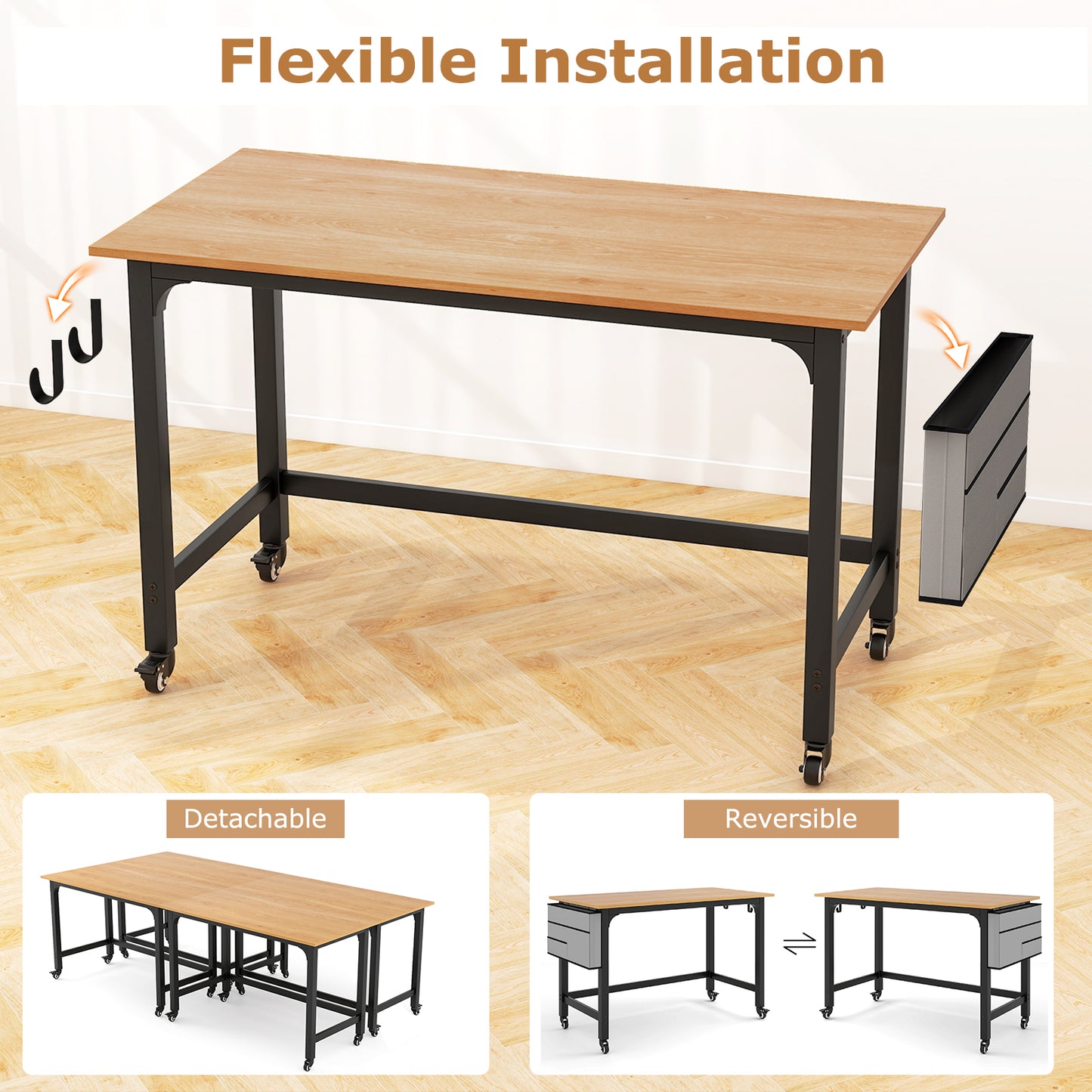 48 Inch Rolling Computer Desk with Heavy-duty Metal Frame for Home and Office-Natural Kids Crystal