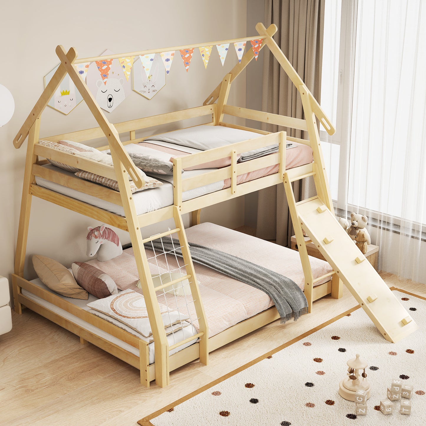 Twin Over Queen Bunk Bed Wooden Kids Bed with Climbing Nets and Ramp-Natural Kids Crystal
