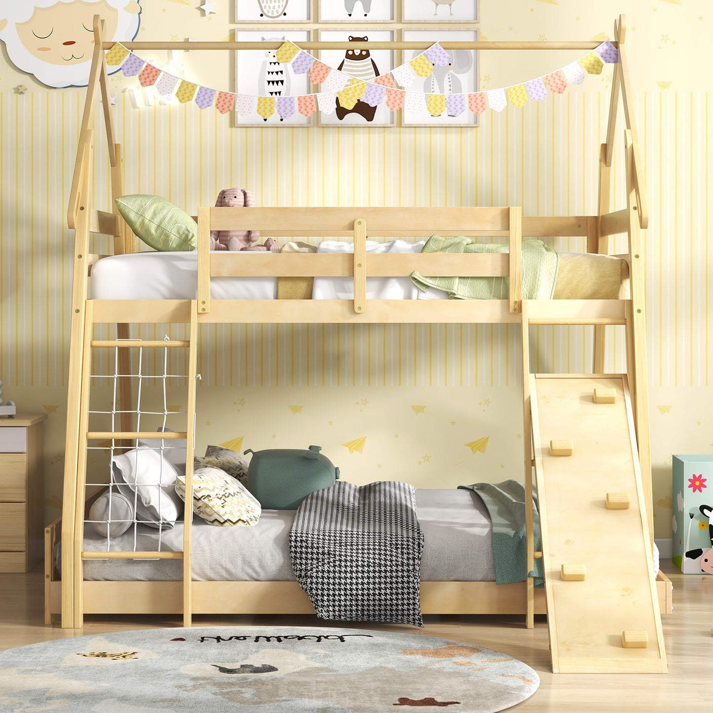 Twin Over Queen Bunk Bed Wooden Kids Bed with Climbing Nets and Ramp-Natural Kids Crystal